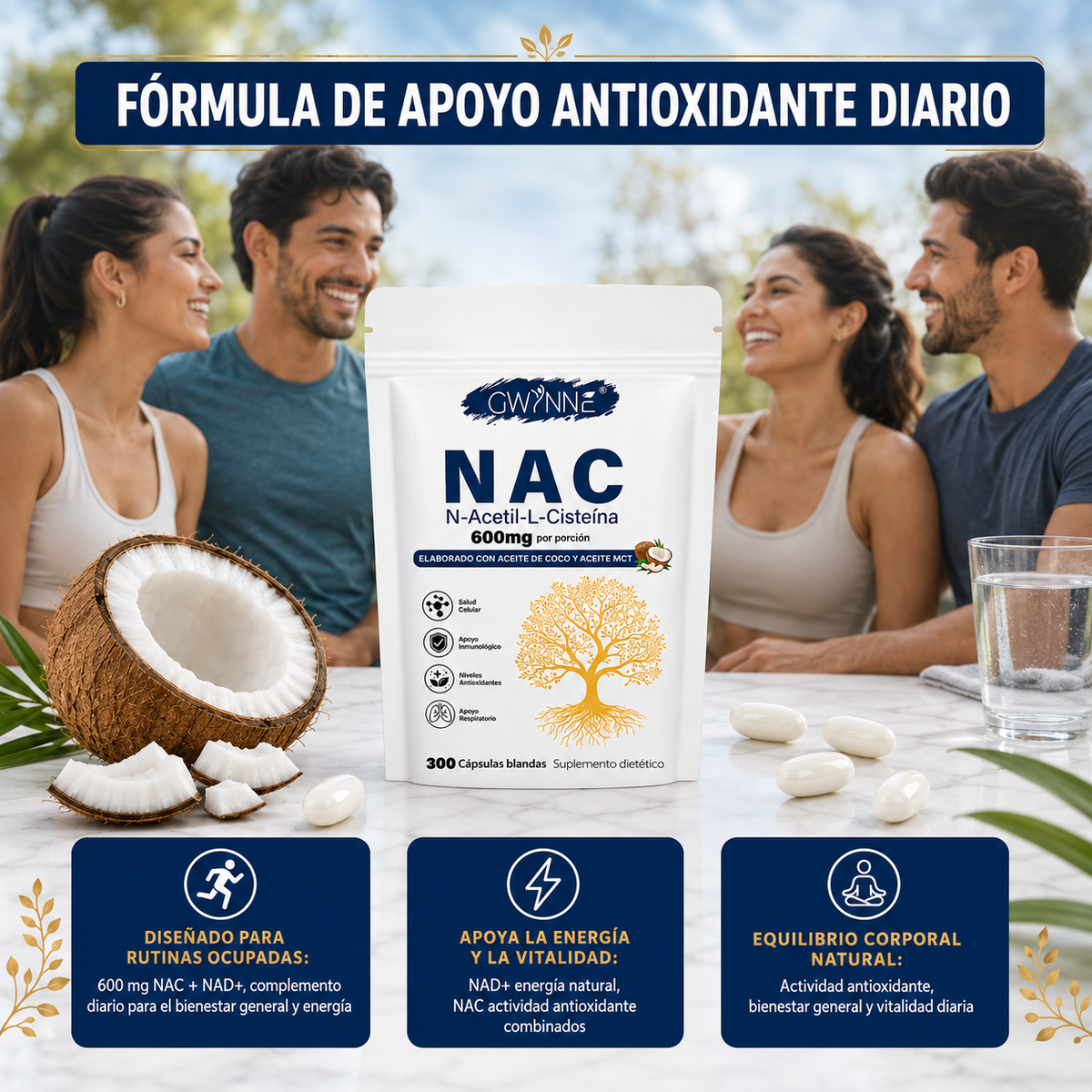 Gwynne Nac N-acetil-l-cisteína 600 Mg 300 Cápsulas,con Dinucleótido De Adenina Y Nicotinamida, Propiedades Antioxidantes,favorece Las Defensas Naturales Y El Bienestar Respiratorio General 