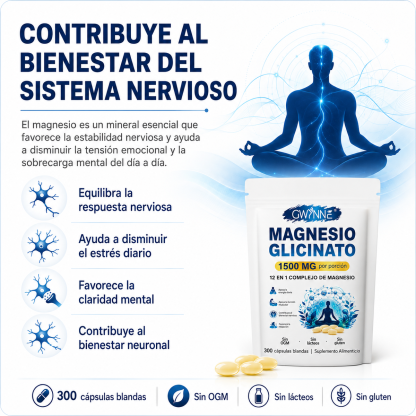 GWYNNE 12 en 1 Complejo de Magnesio 1500mg,con Glicinato De Magnesio,Citrato De Magnesio,Óxido De Magnesio,Musculo Relajación,300 bland Cápsulas