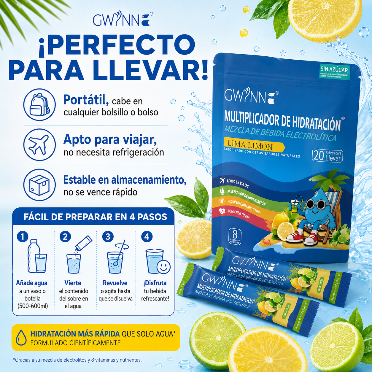 Gwynne Multiplicador De Hidratacion Mezcla De Bebida Electrolitica,supercalm Nutricional Bebidas Mixtas En Polvo Con Sodio ,vitamina C Y B12,sabor A Limón 20 Unidade