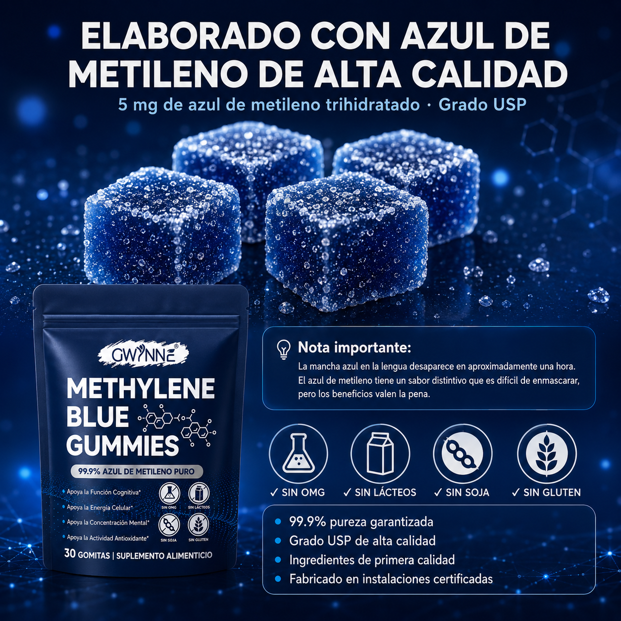 Gwynne Methylene Blue Gummies,99.9% Azul De Metileno Puro Grado Usp,apoyo A La Energía Celular Y Función Cognitiva,30 Gummies