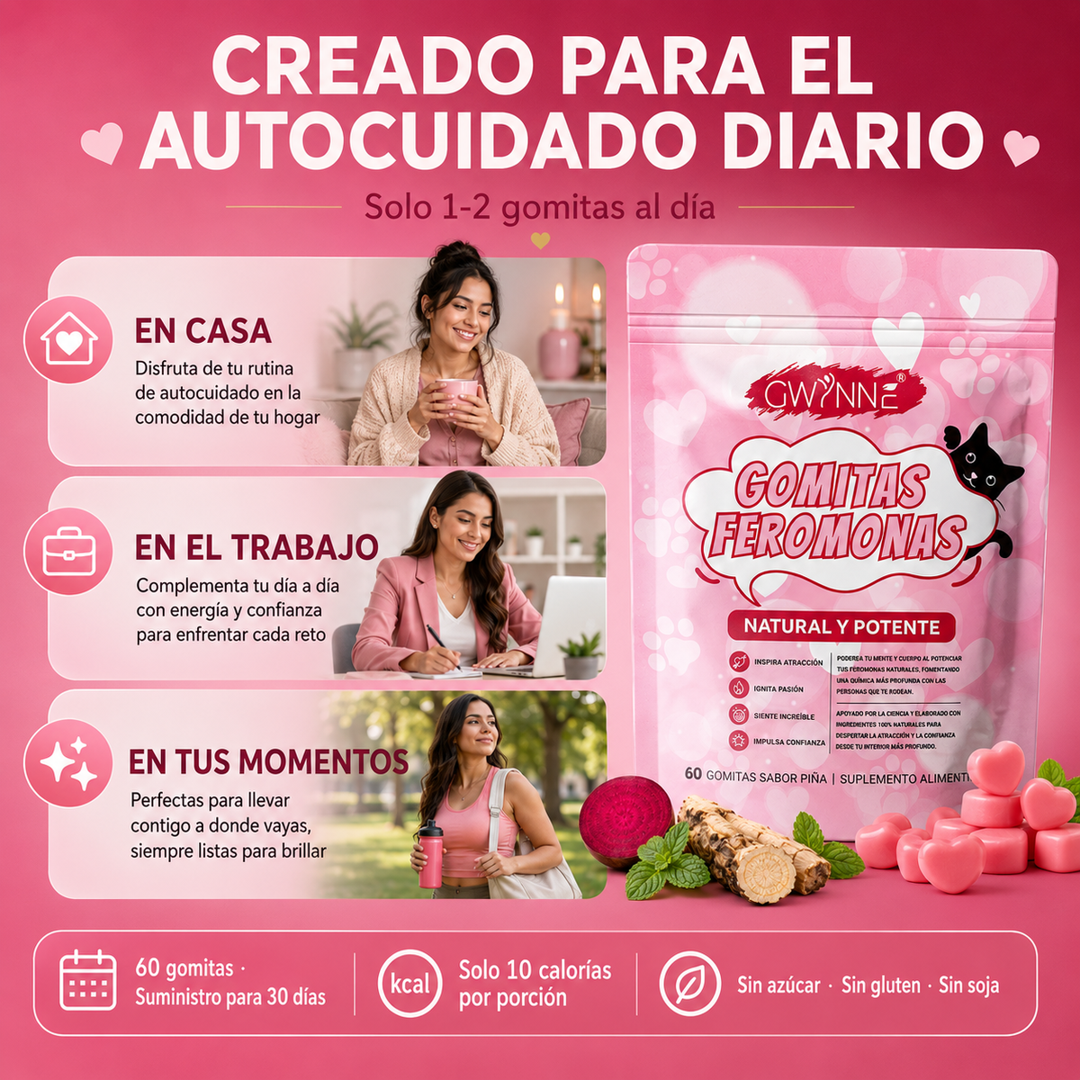 Gwynne Gummies Feromonas Con Corteza De Olmo Liso,l-arginina,maca Y Vitamina E Para Mujeres,mejorar Apoya El Encanto,apoya El Equilibrio,confianza Y Vibe Social,60 Gummies