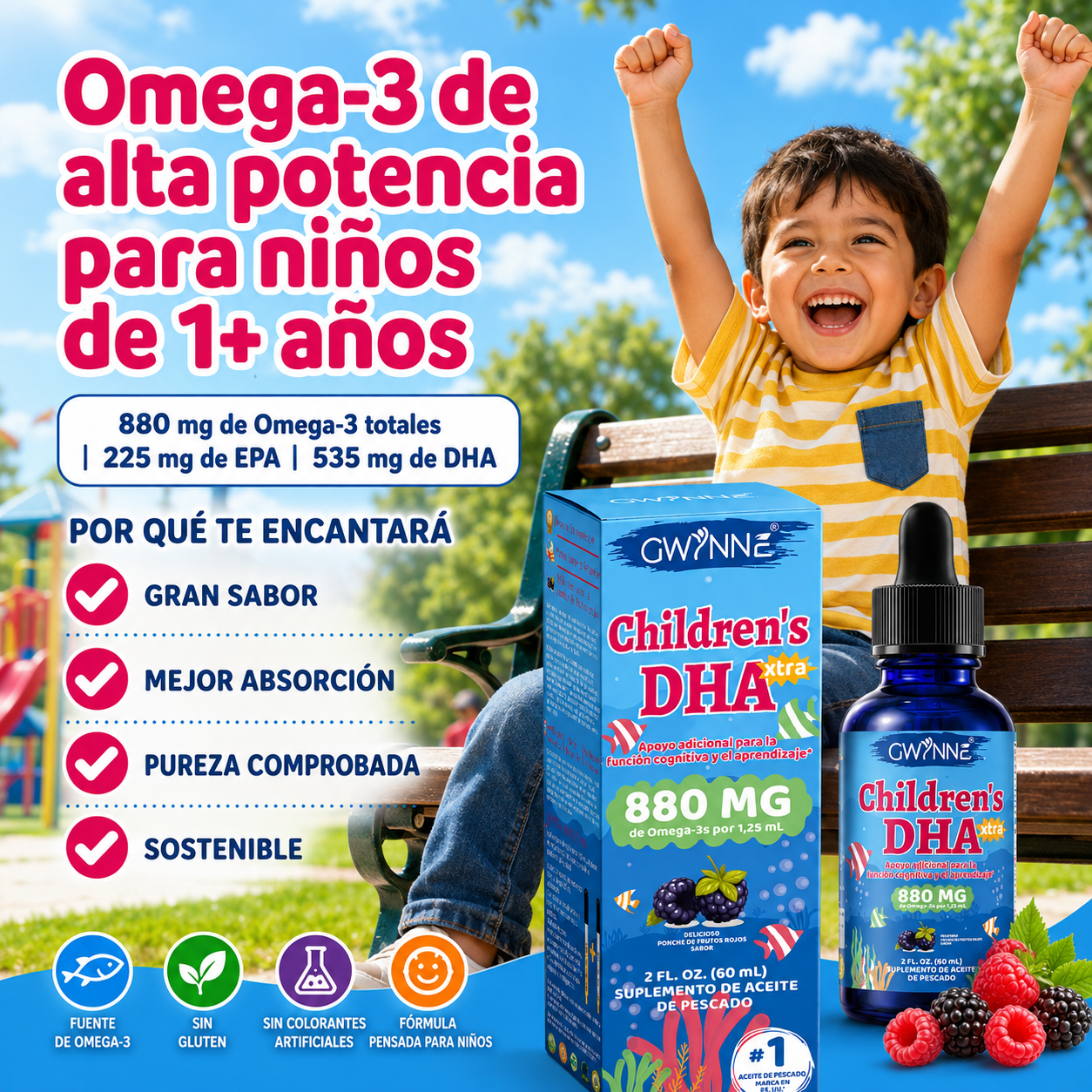 Gwynne Dha Xtra Gotas,berry Punch Para Niños 60ml - 880 Mg Total Omega-3 Con Epa Y Dha - Función Cognitiva E Inmune, Aprendizaje,desarrollo Social,48 Porciones