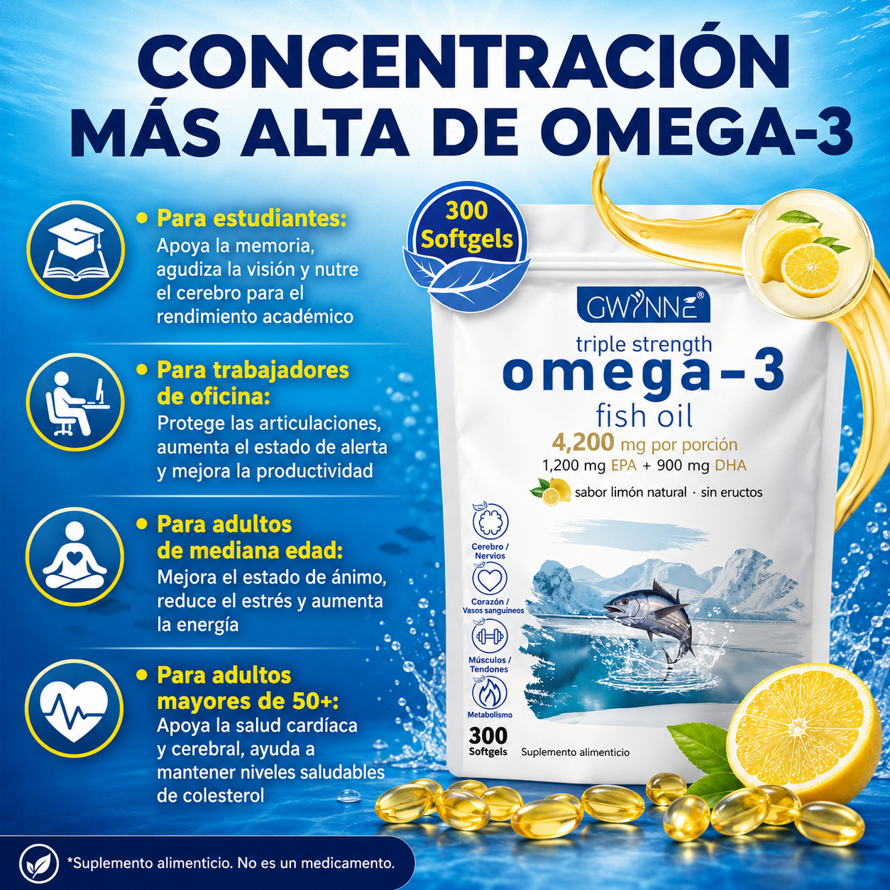 Gwynne Omega 3 Premium 4200mg 300 Cáps, Bacalao De Aguas Profundas Del Ártico Noruego, Que Contienen 1200mg Epa Y 900mg Dha Suplementos Alimentarios Para Apoyar La Salud Física De Mujere Y Hombre