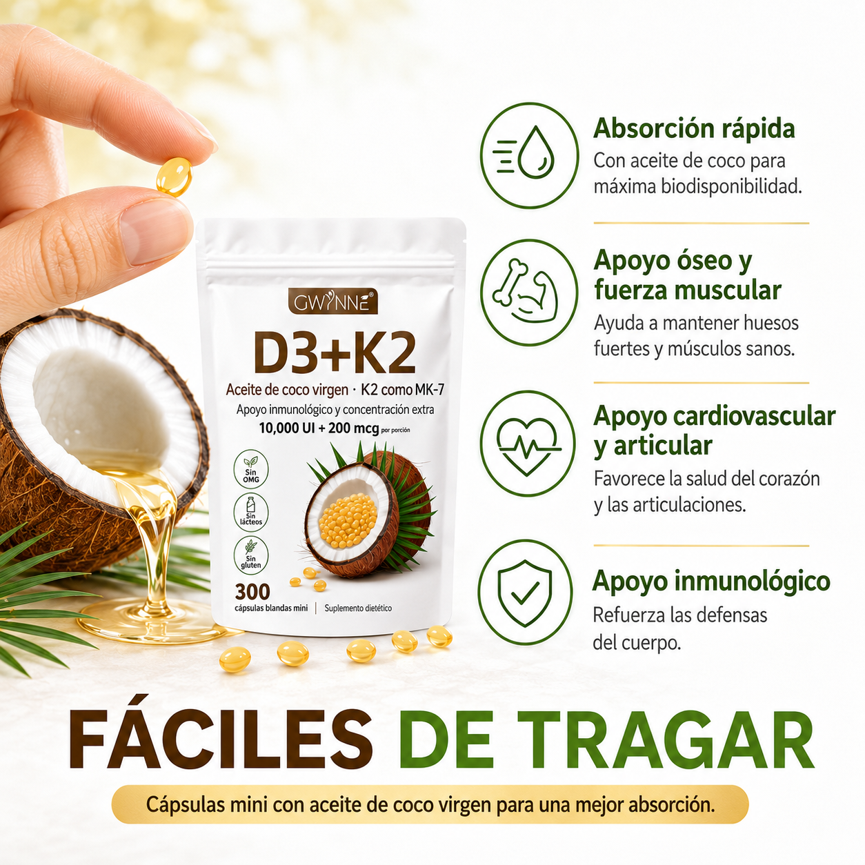Gwynne Vitamina D3 10.000ui + K2 Mk-7 200mcg,2 En 1 Aceite De Coco Vírgenapoyo Óseo,inmunológico Y Cardíaco,300 Cáps