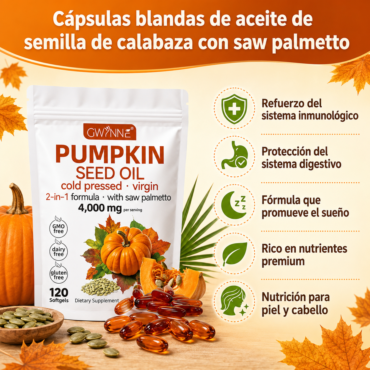 Gwynne 4000mg Cápsulas De Aceite De Semilla De Calabaza,Cold Pressed,Pure Virgin Oil,Apoyar la salud del cabello,el sistema urinario y la próstata,rico En Ácidos Grasos y Phytosterols 120cápsulas