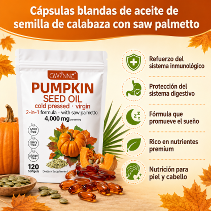 Gwynne 4000mg Cápsulas De Aceite De Semilla De Calabaza,Cold Pressed,Pure Virgin Oil,Apoyar la salud del cabello,el sistema urinario y la próstata,rico En Ácidos Grasos y Phytosterols 120cápsulas
