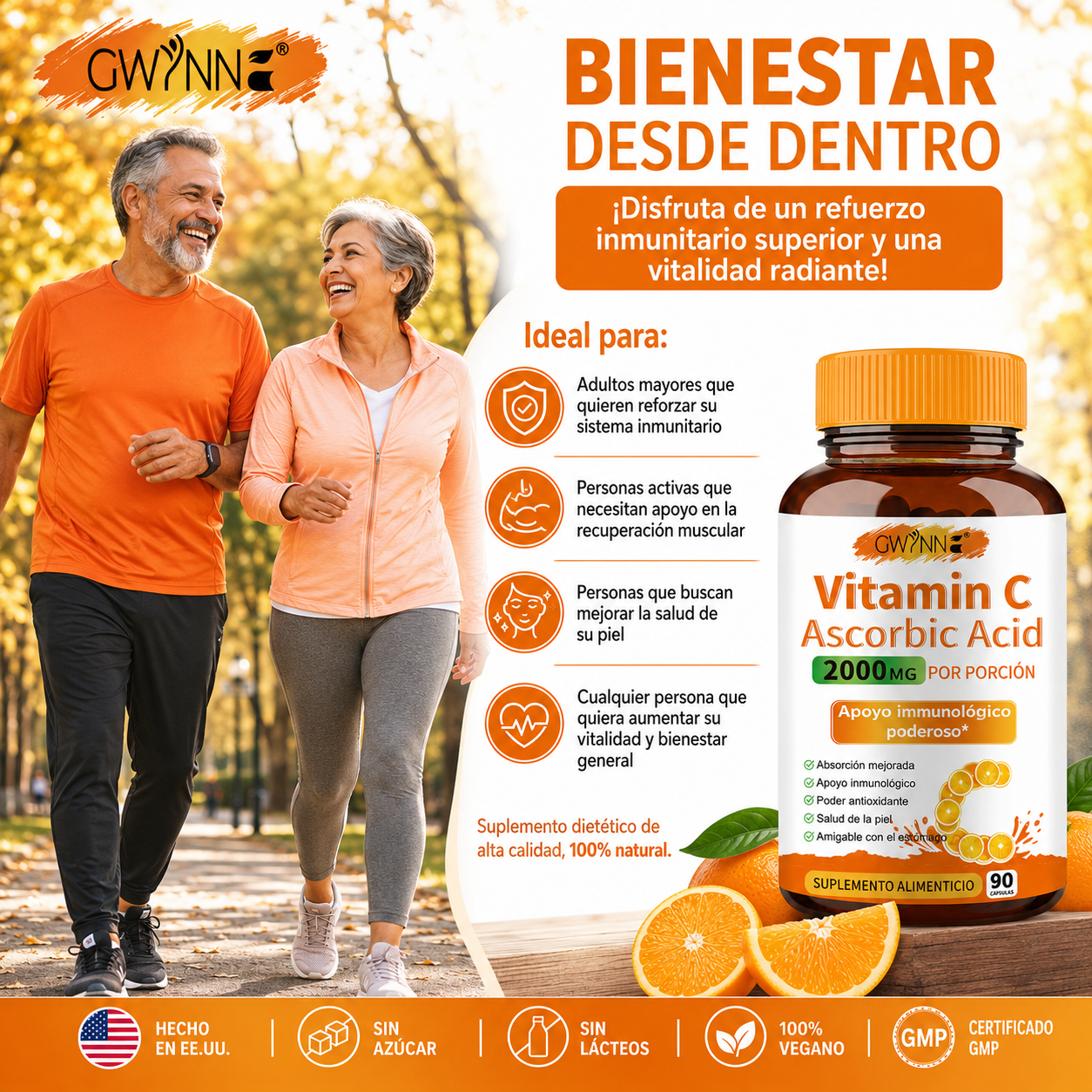 Gwynne Ácido Ascórbico Puro De Vitamina C 2000mg,90 Cápsulas,formas Solubles En Grasa Y Agua Altamente Biodisponibles,antioxidante Y Suplemento De Apoyo Inmunológico