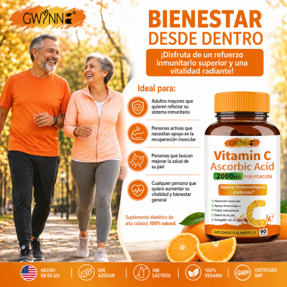 Gwynne Ácido Ascórbico Puro De Vitamina C 2000mg,90 Cápsulas,formas Solubles En Grasa Y Agua Altamente Biodisponibles,antioxidante Y Suplemento De Apoyo Inmunológico