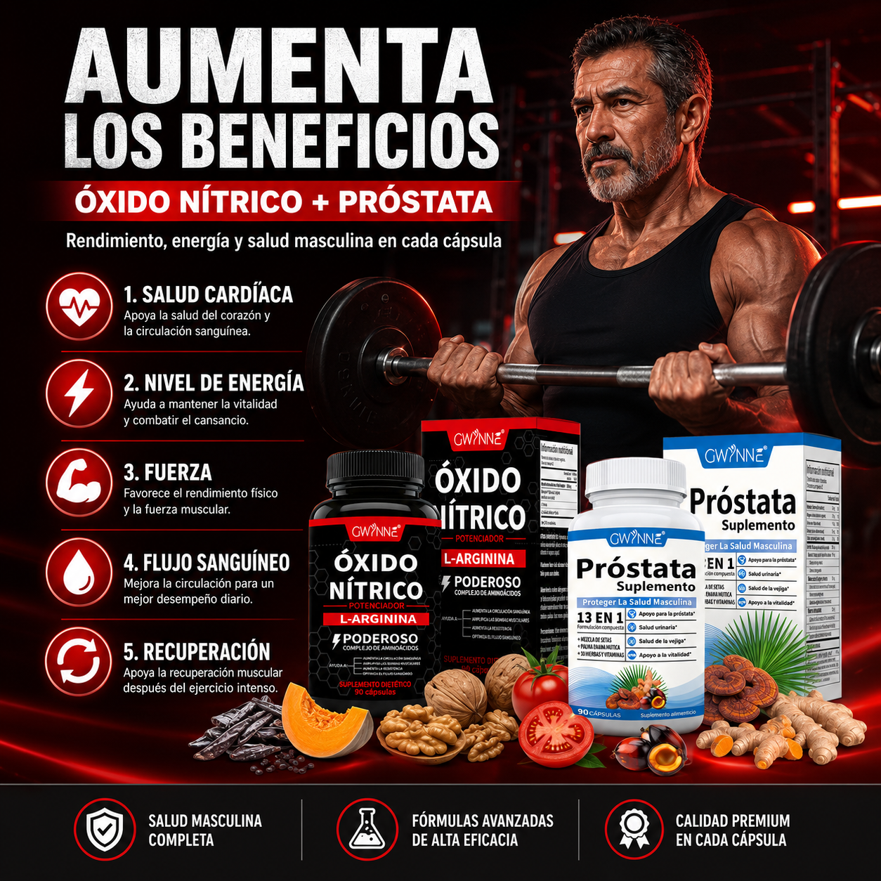 Gwynne Nutricional Prostate Health 2000mg Para Mejorar El Rendimiento Masculino 90 Cápsula + Supplements Nitric Oxide Booster,creatina Supplements Con L-arginine 90 Cápsulas