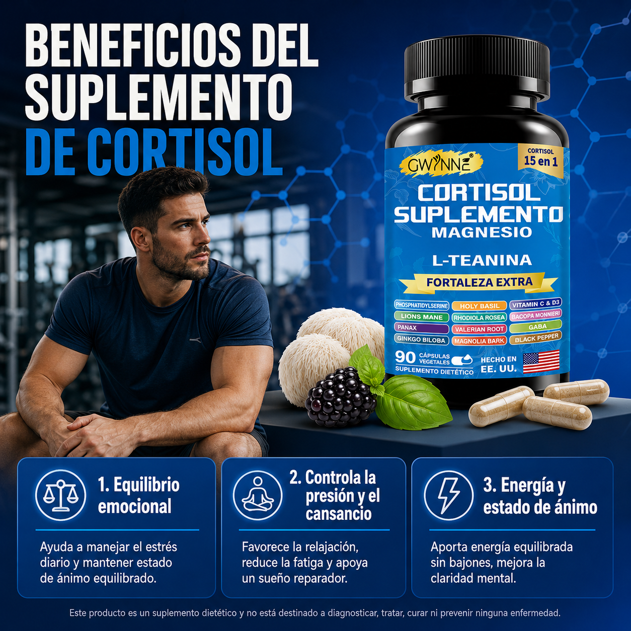 Gwynne Suplemento De Cortisol 90 Cápsulas + Suplemento De Inositol Myo-inositol Y D 90 Cápsulas,con Glicinato De Magnesio,vitamina B12 Y K2