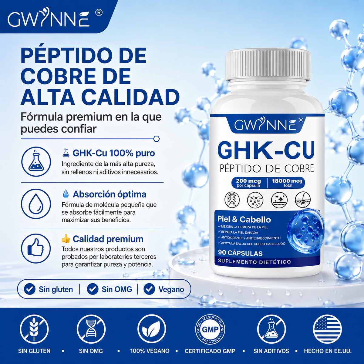 Gwynne Péptido De Cobre Ghk-cu 200mcg,90 Cápsulas De Alta Potencia Promueve La Reparación De La Piel,la Elasticidad Radiante De La Piel,el Anti-envejecimiento Y El Apoyo Al Crecimiento Del Cabello