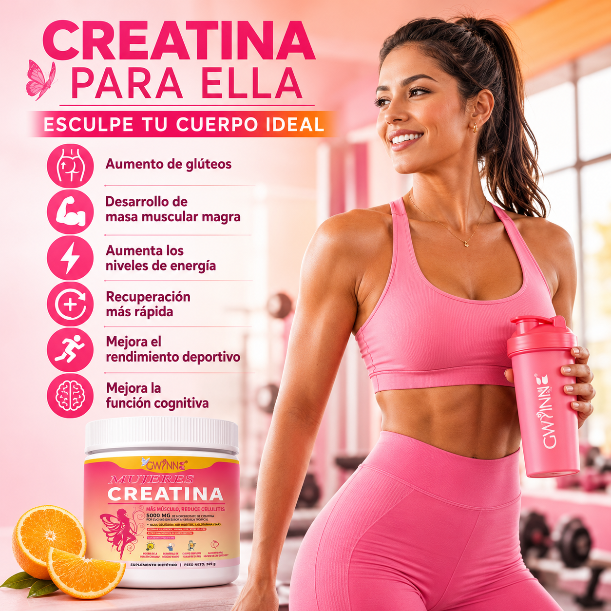 Gwynne Suplemento De Creatina Para Mujeres 269g-5000mg De Creatina,con Colágeno,mioinositol Y Bcaa,apoya El Desarrollo Muscular,la Elasticidad De La Piel,el Cabello Saludable Y Las Uñas