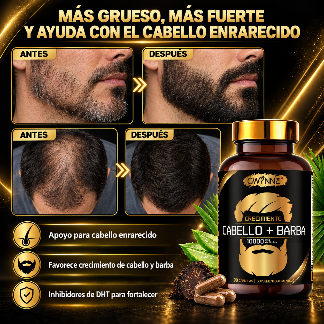 Gwynne crecimiento Cabello y Barba Suplemento 90 Cápsulas con Biotina,Zinc
