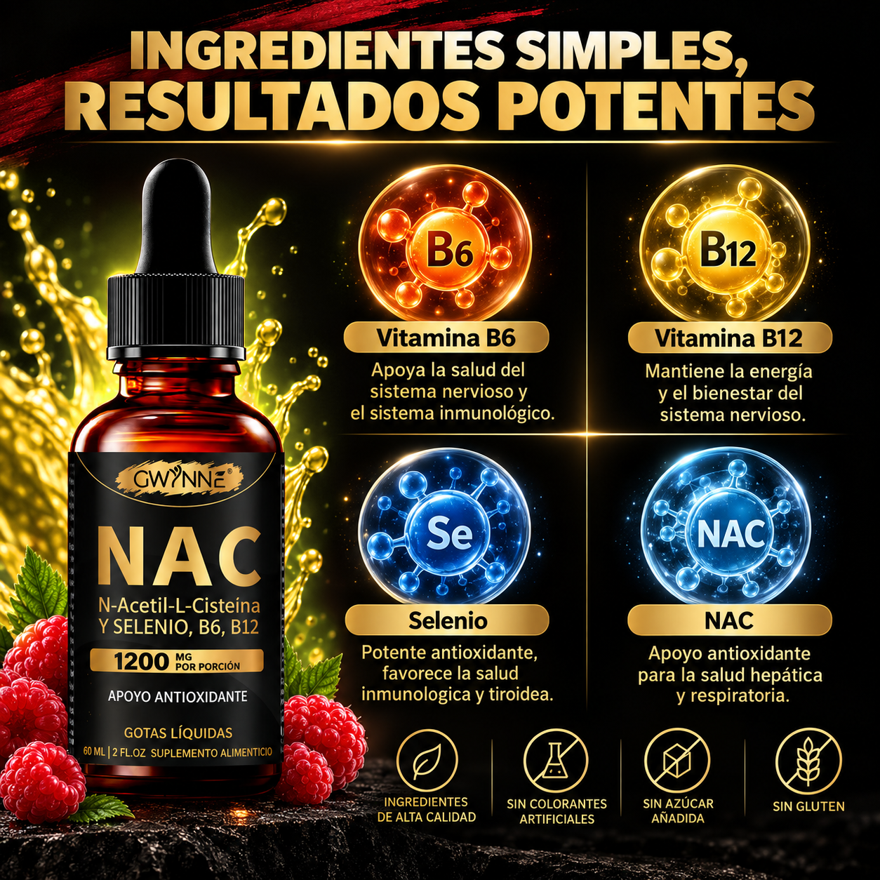 Gwynne Nac N-acetil-l-cisteína 1200mg Gotas 60ml, Con Vitamina B6,B12 Y Selenio,apoyo Antioxidante,inmunológico Y Respiratorio