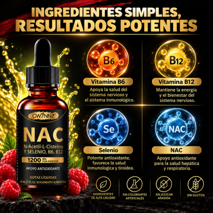 Gwynne Nac N-acetil-l-cisteína 1200mg Gotas 60ml, Con Vitamina B6,B12 Y Selenio,apoyo Antioxidante,inmunológico Y Respiratorio