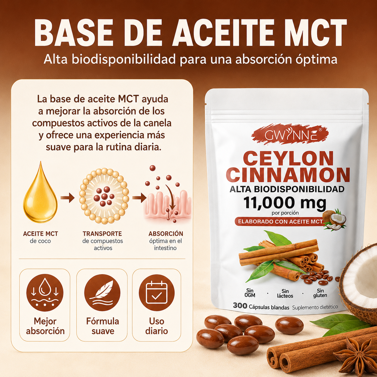 GWYNNE Ceylon Cinnamon 300 Capsules 20:1 con Aceite MCT,alta biodisponibilad 11000mg