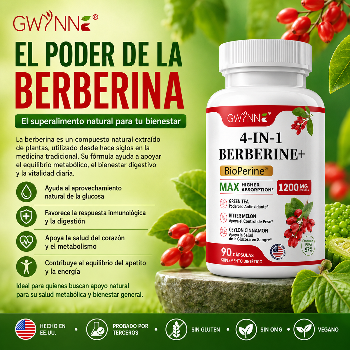 Gwynne 4 En 1 Berberina Y Bioperine 1200mg Con Melón Amargo,canela De Ceilán Y Extracto De Té Verde,apoyo A La Salud Del Corazón,sistema Inmunológico,gi Saludable,90 Cápsulas