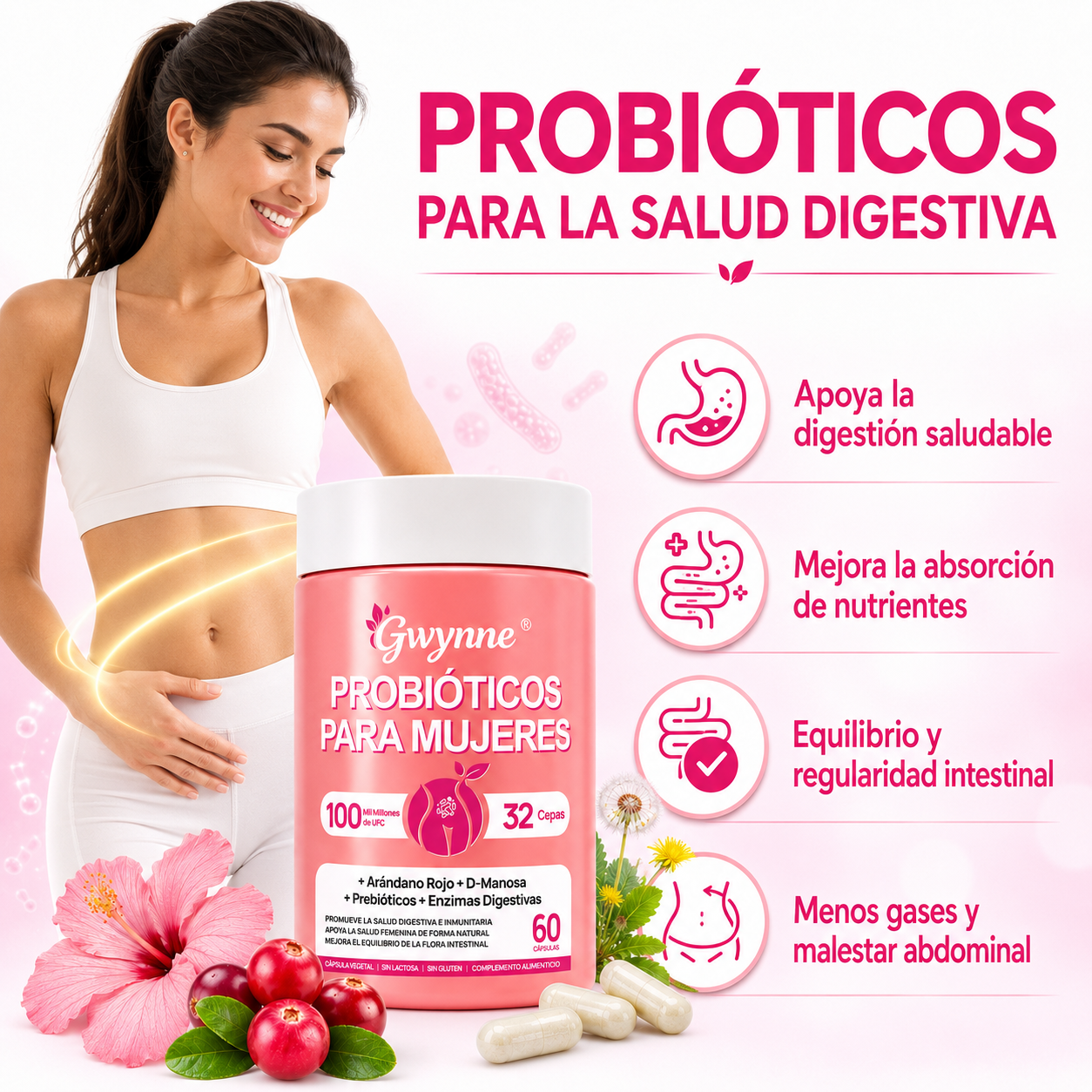 Gwynne Vaginal Probióticos Para Mujeres 100m Ufc + 32cepas,conprebioticos,enzimas Digestivas,arándano Rojo Y D-manosa, Apoyo Vaginal Y Digestivo,60 Cápsulas