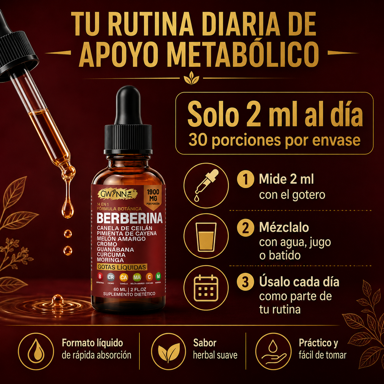 GWYNNE Suplemento Dietético Gotas Líquidas de Berberina 60ml 14 en 1 Fórmula 1900 mg,con Pimienta Cayenne,Canela de Ceilán,Melón Amargo,Cúrcuma y Moringa