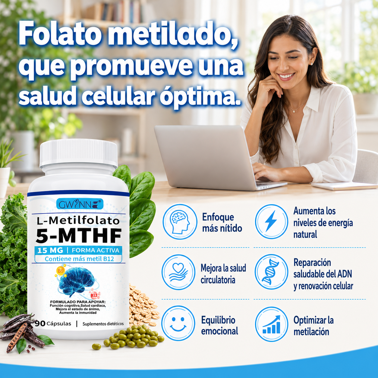 Gwynne L-metilfolato 15mg Plus Metil B12 Cofactor,alta Potencia,forma Activa De 5-mthf,soporta El Mood,metilación Y Cognición,90 Cápsulas,formas Bioactivas De Vitamina B12