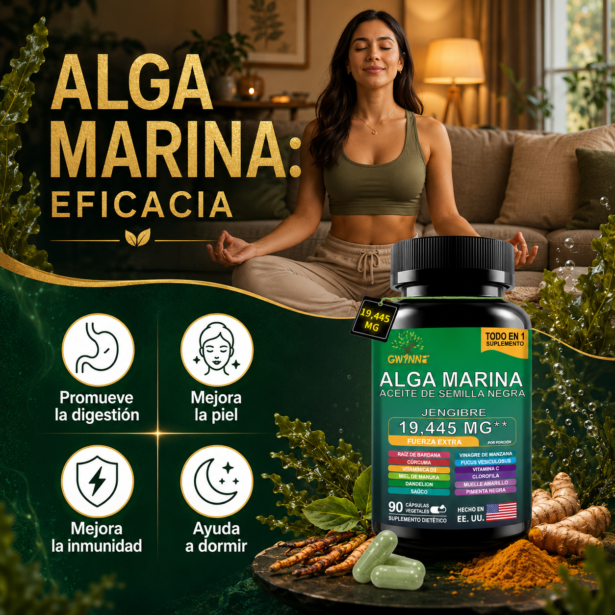 Gwynne All In 1 Shilajit Y Sea Moss Bundle 90 Cápsulas-contiene 29170 Mg De Musgo Marino, Aceite De Semilla Negra, Etc Y Contiene 22875 Mg De Shilajit,rhodiola Rosea, Etc