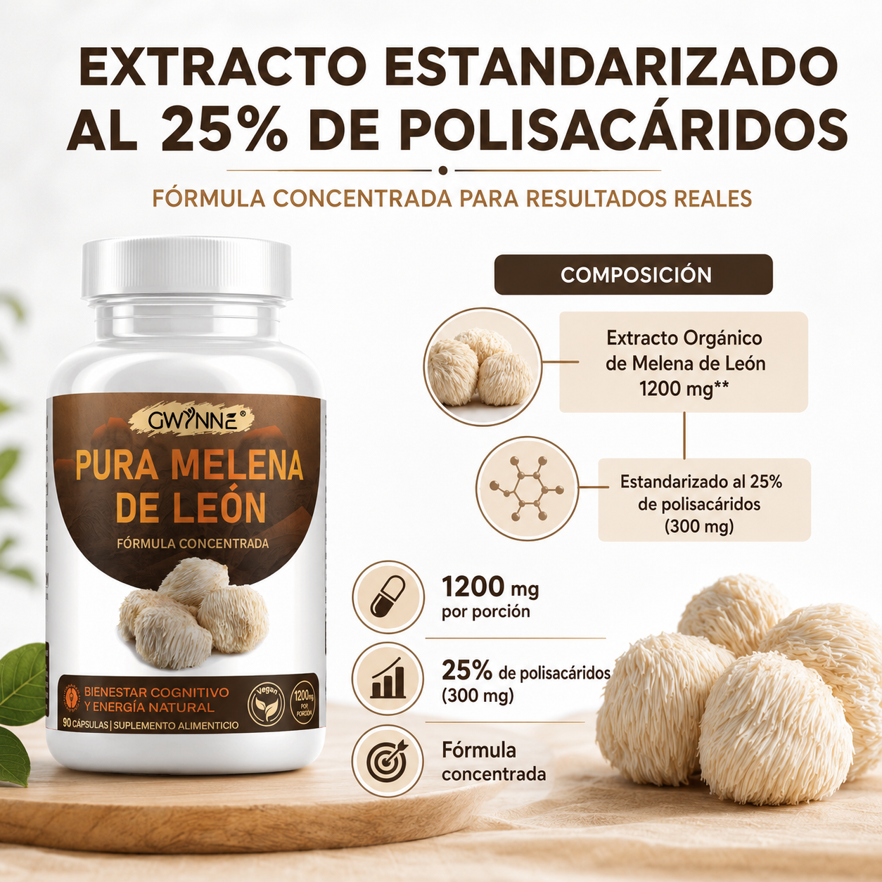 GWYNNE Pura Melena de León 1200 mg,apoyo Foco y cognición,90 Cápsulas
