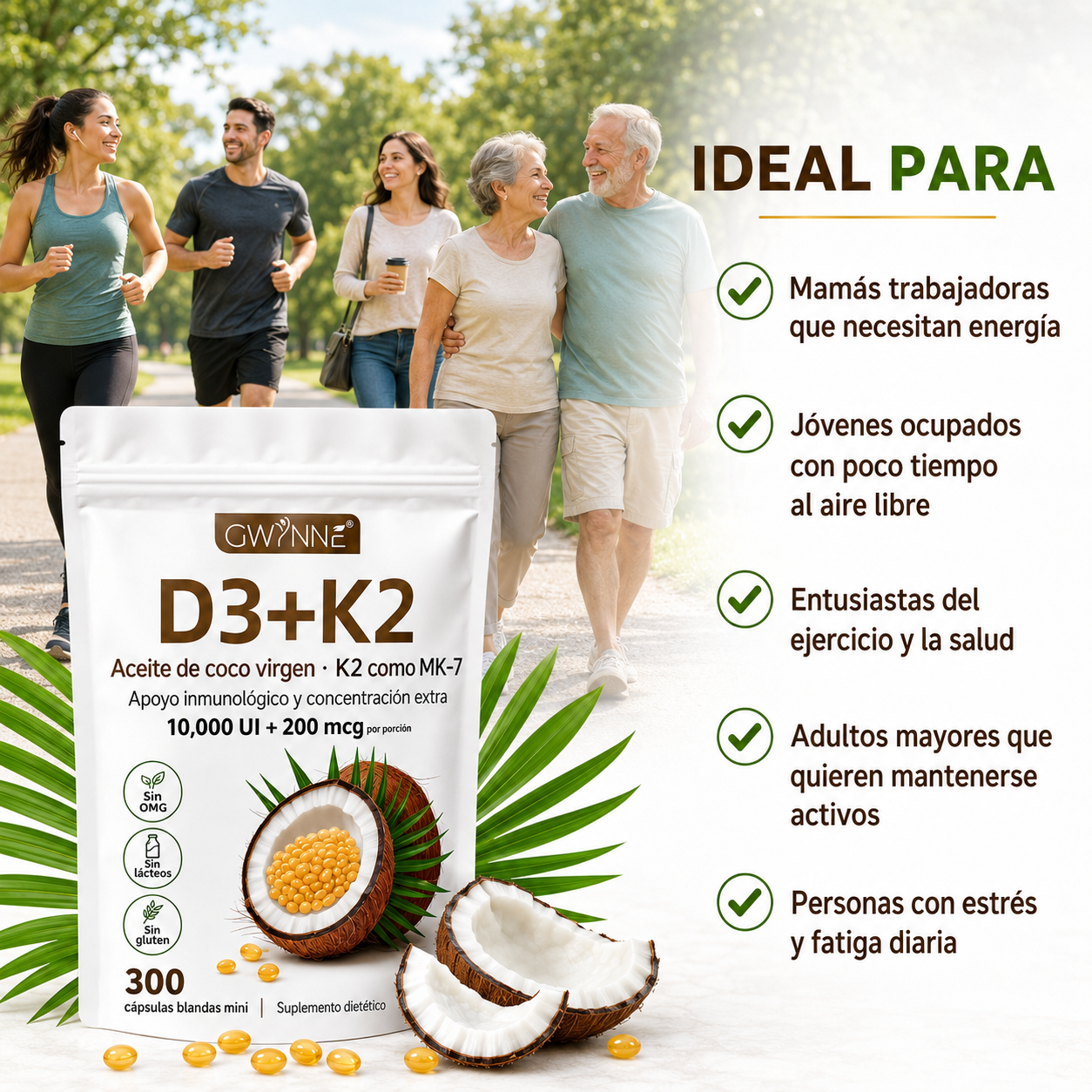 Gwynne Vitamina D3 10.000ui + K2 Mk-7 200mcg,2 En 1 Aceite De Coco Vírgenapoyo Óseo,inmunológico Y Cardíaco,300 Cáps