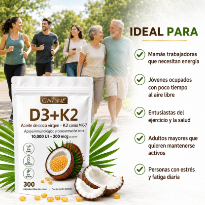 Gwynne Vitamina D3 10.000ui + K2 Mk-7 200mcg,2 En 1 Aceite De Coco Vírgenapoyo Óseo,inmunológico Y Cardíaco,300 Cáps