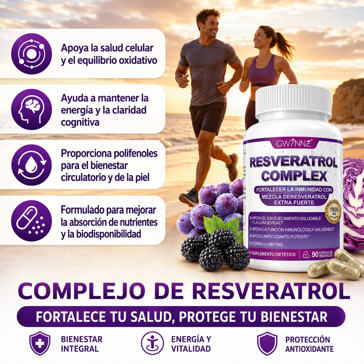 Gwynne Resveratrol Supplement 1800 Mg Complejo Antioxidante 90 Cápsulas,píldoras De Resveratrol Para Envejecimiento Saludable,apoyo A La Salud General,sistema Inmunológico,función Cerebral