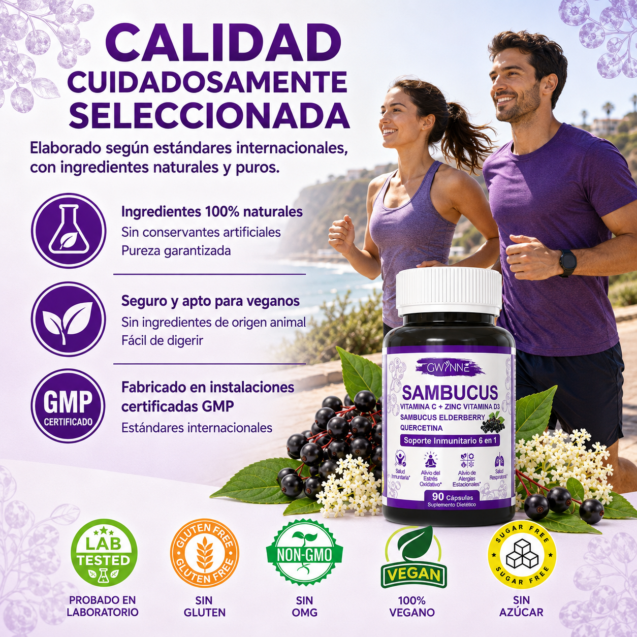 Gwynne Sambucus 6 En 1 Suplemento Con Extracto De Sauco 1000mg,vitamina C,d3,zinc Y Quercetina,soporte Inmunitario,alivio De Alergias Y Salud Respiratoria,90 Cápsulas