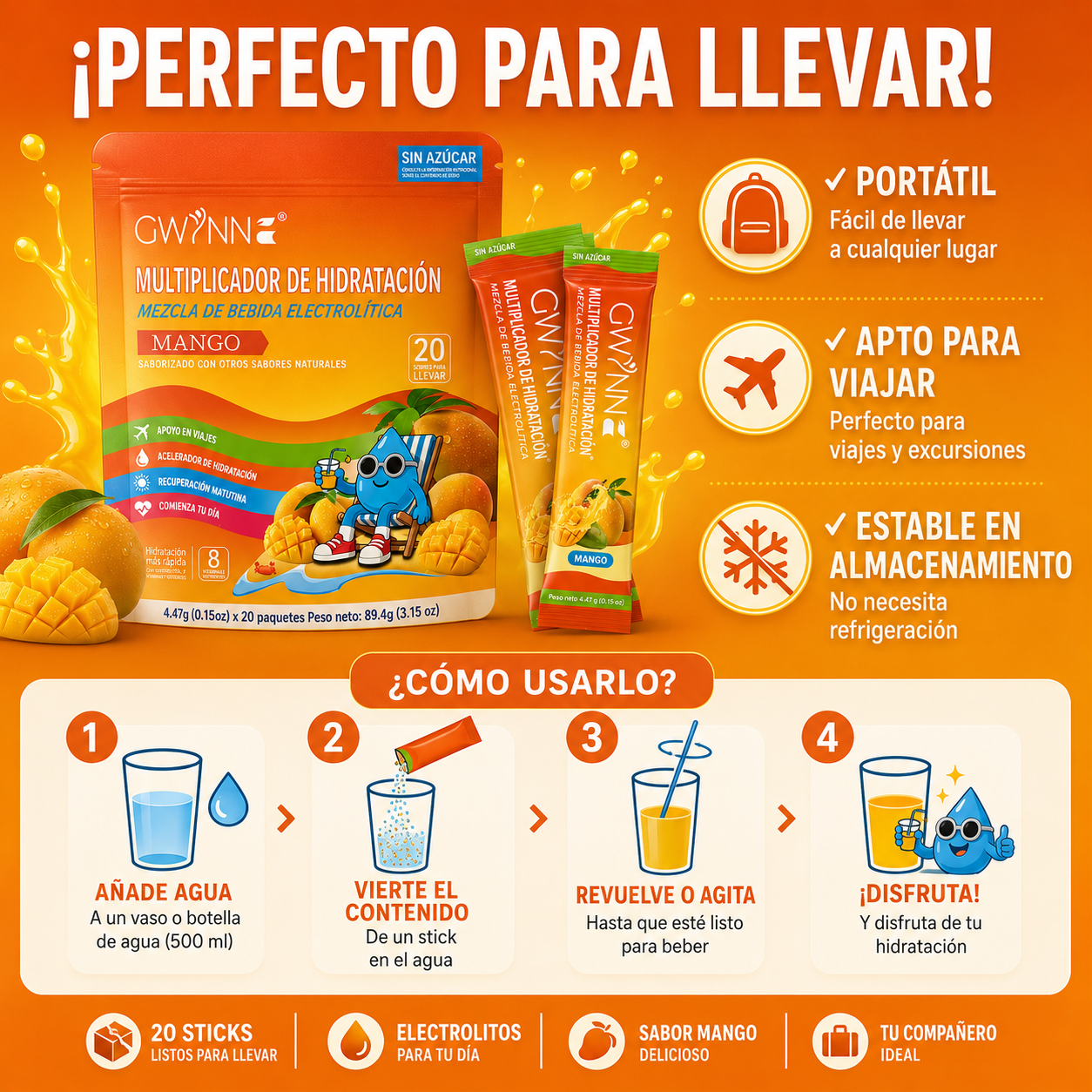 Gwynne Multiplicador De Hidratacion Mezcla De Bebida Electrolitica,supercalm Nutricional Bebidas Mixtas En Polvo Con Sodio ,vitamina C Y B12,sabor A Mango 20 Unidade