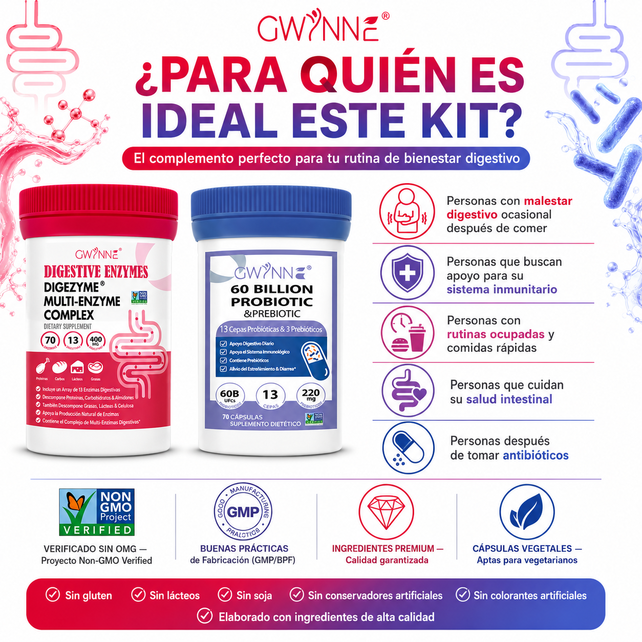 Gwynne Paquete Avanzado Salud Intestinal:Vaginal probióticos 60 Billion De Ucf 70Cápsula Y Enzimas Digestivas 400mg 70Cápsula,para Salud Digestiva Y Salud Intestinal,apoya El Estreñimiento Ocasional