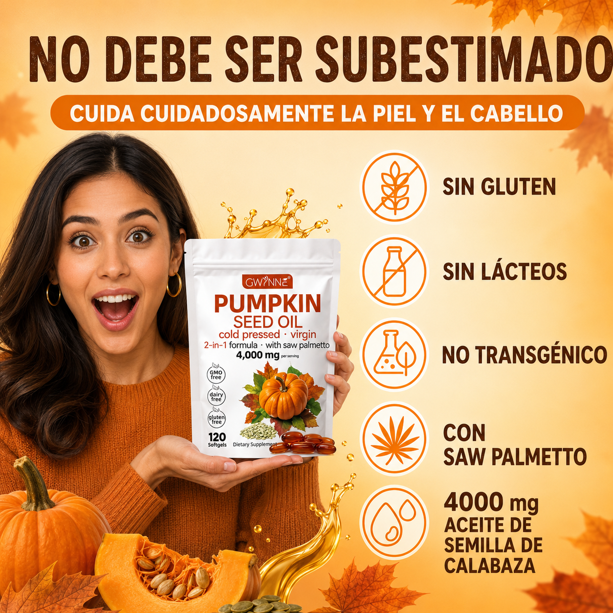 Gwynne 4000mg Cápsulas De Aceite De Semilla De Calabaza,Cold Pressed,Pure Virgin Oil,Apoyar la salud del cabello,el sistema urinario y la próstata,rico En Ácidos Grasos y Phytosterols 120cápsulas