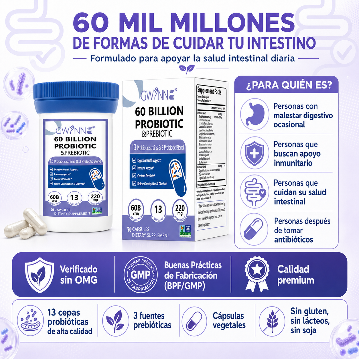 Gwynne vaginal Probióticos 60 Billion De Ucf 70 Cápsula,13Strains + 3Prebióticos Mezcla,salud Inmune,digestiva E Intestinal-Apoya El Estreñimiento,la Diarrea,apoyo Inmunológico Para Mujeres Y Hombres