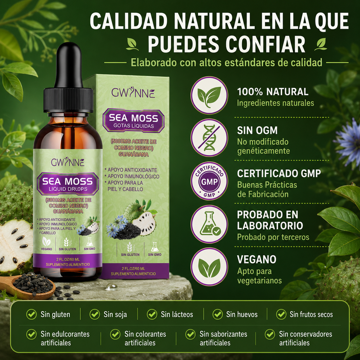 Gwynne Gotas Líquidas De Musgo Marino 5000mg 60ml - Irish Sea Moss Black Seed,suplemento Multimineral De Musgo Marino Apoyo Antioxidante, Inmunitario, Salud Intestinal
