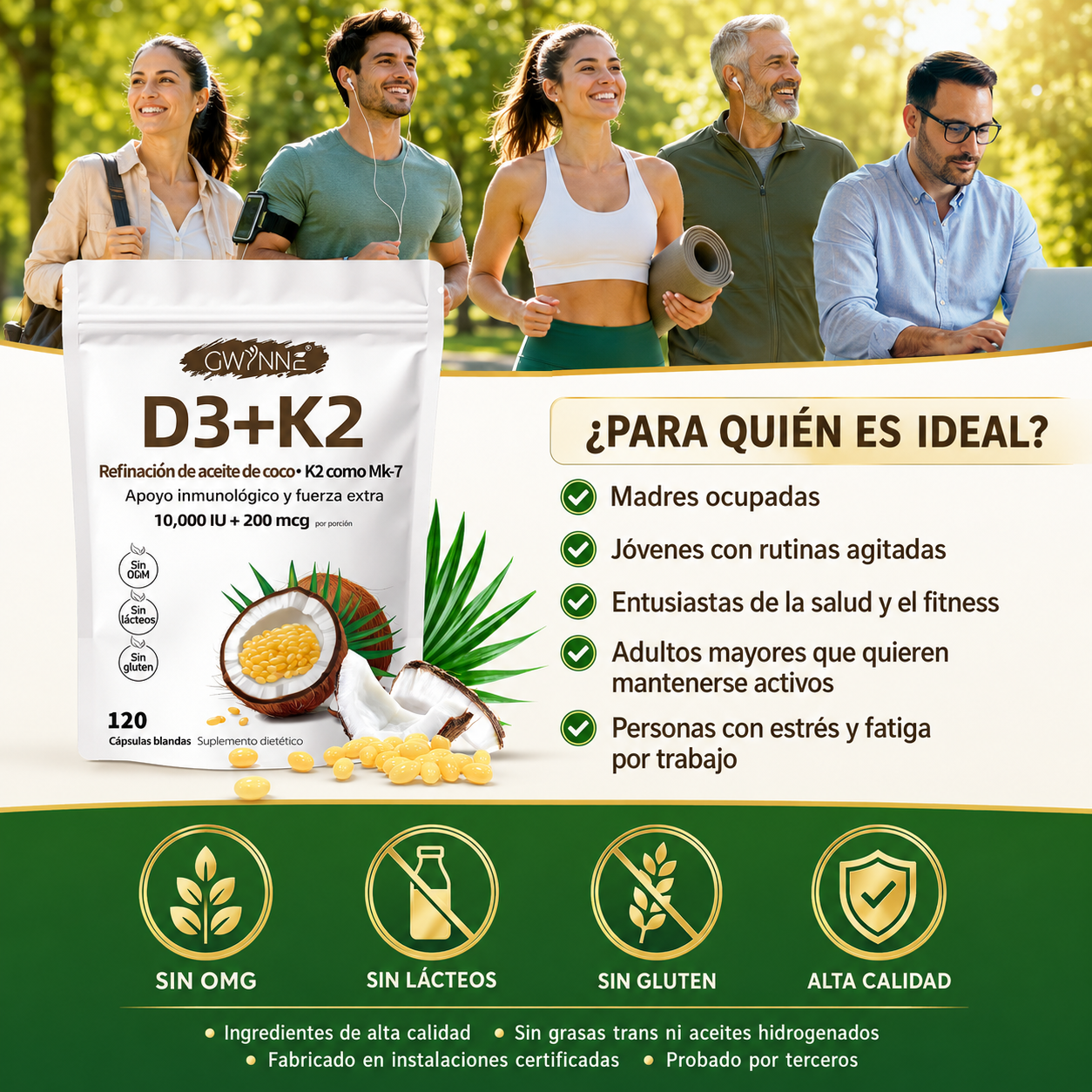 Gwynne Vitamina D3 10.000ui + K2 Mk-7 200mcg,120cápsulas  2 En 1 Aceite De Coco Vírgenapoyo Óseo,inmunológico Y Cardíaco