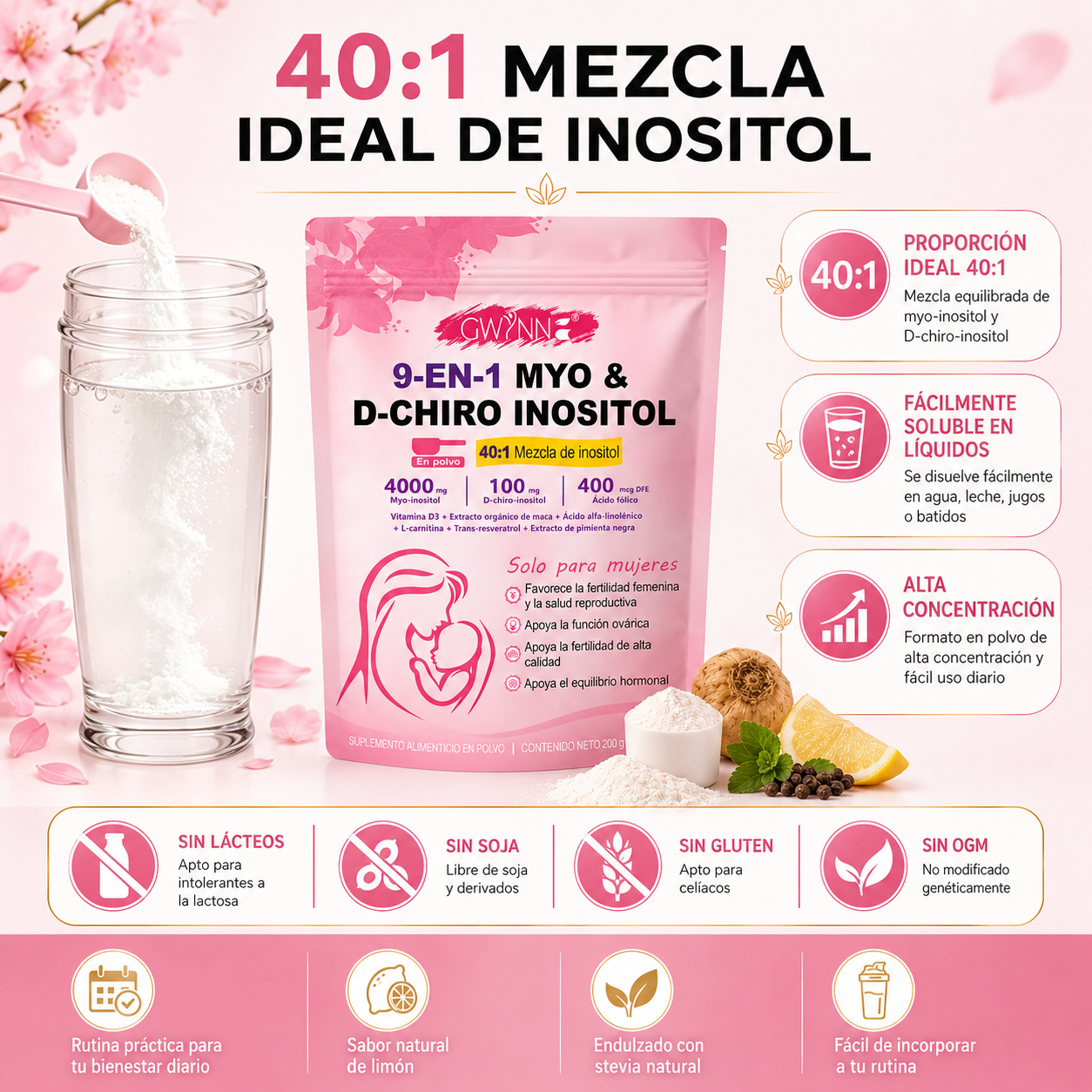 GWYNNE 40:1 Myo Y D Chiro Inositol Inositol En Polvo 250g