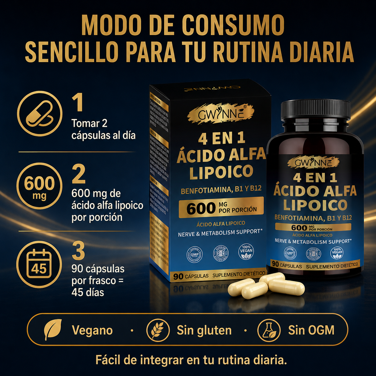 Gwynne 4 En 1 Ácido Alfa Lipoico 600mg 90 Cápsulas,suplemento Antioxidant, Para Los Nervos,energía Y Apoyo Al Metabolismo,con Benfotiamina,b1 Y B12