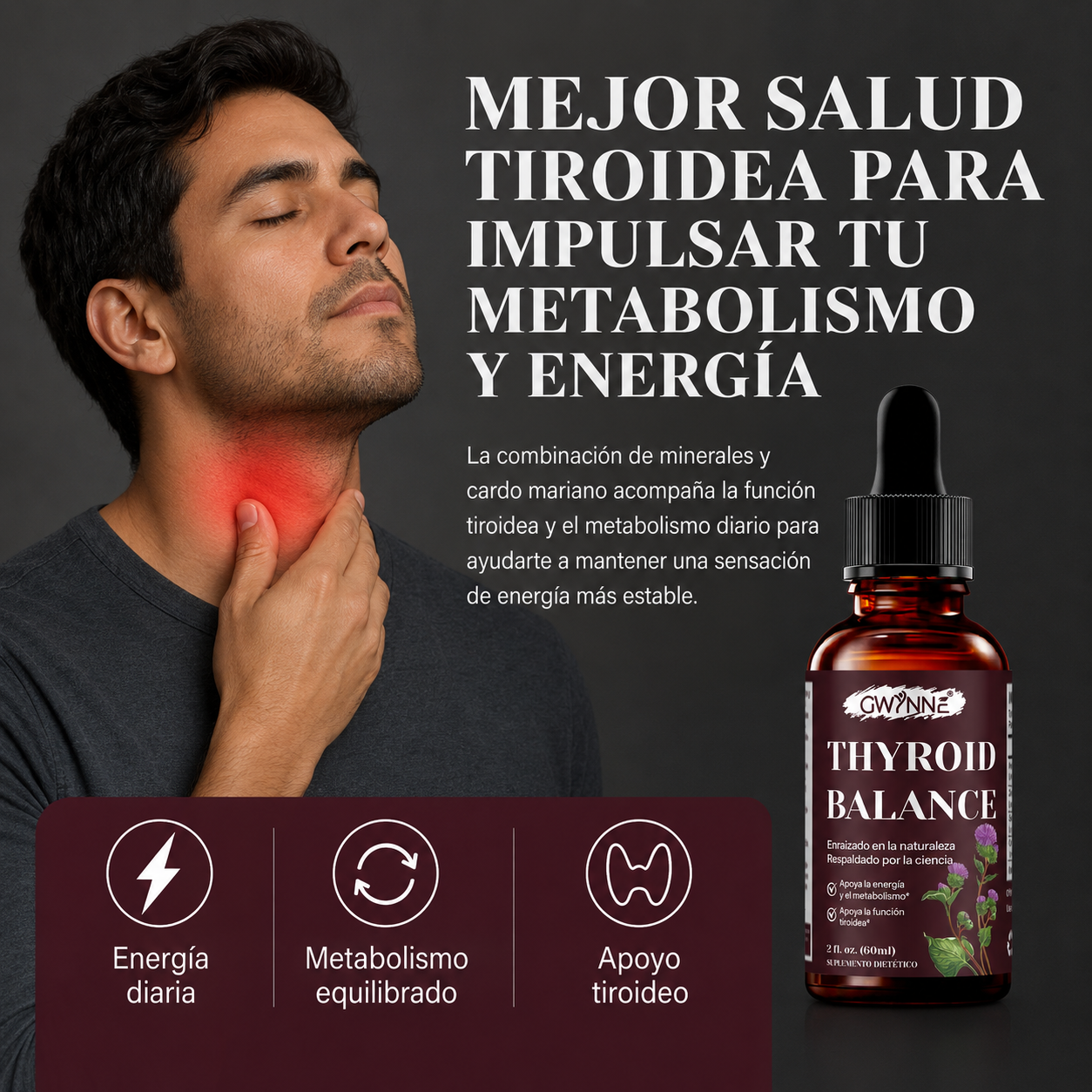Gwynne Thyroid Balance Suplemento Líquido,con Magnesio,zinc,selenio,cobre,apoyo Equilibrio Tiroideo, Energía Y Metabolismo Saludable,60ml