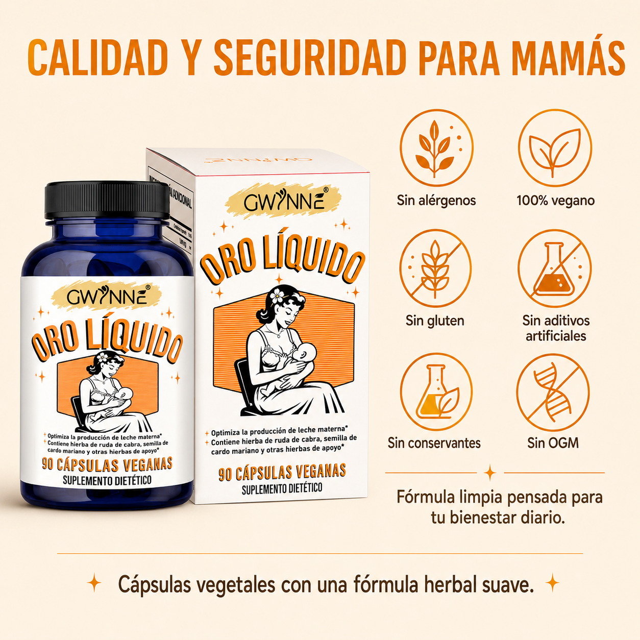 Gwynne Oro Líquido Suplemento Para Lactancia Materna,con Ruda Cabruna Orgánica,cardo Mariano,shatavari, Hinojo,alfalfa Y Anís,apoya La Producción De Leche Materna, 90 Cápsulas