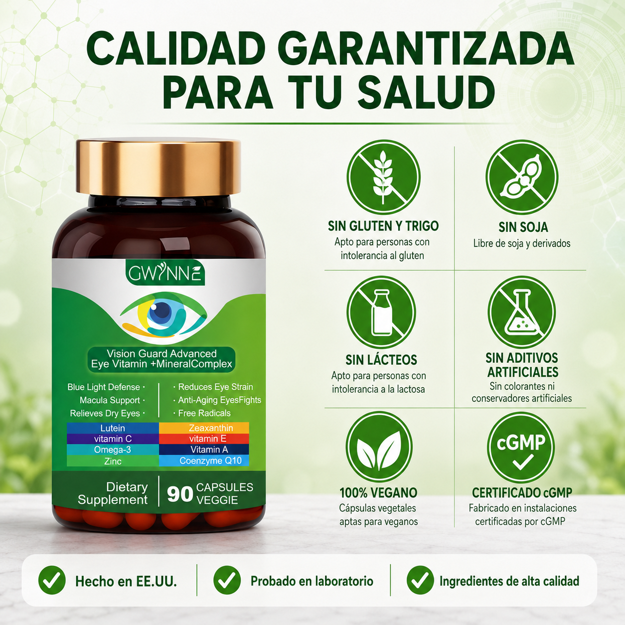 Gwynne Lutein Eye Vitamin Supplement 90 Cápsulas Suplemento Nutricional Para La Salud Macular Y El Ojo Seco Con Luteína, Zinc, Vitamina C/e Y Zeaxantina