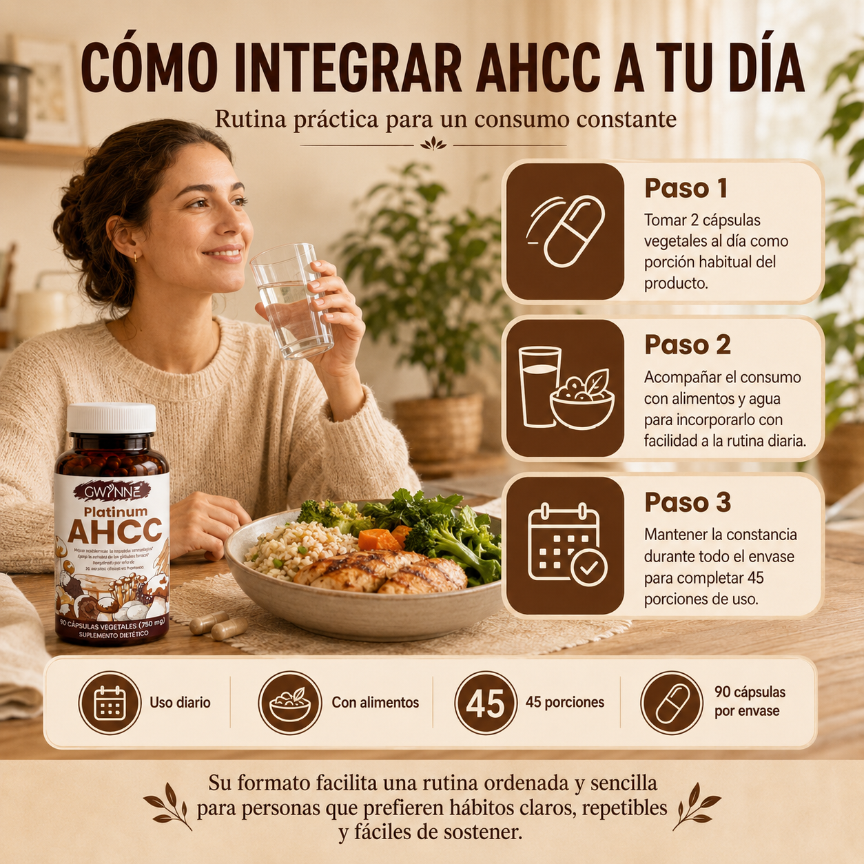 GWYNNE Suplemento Vegetal Platinum AHCC 750 mg,90 Cápsulas