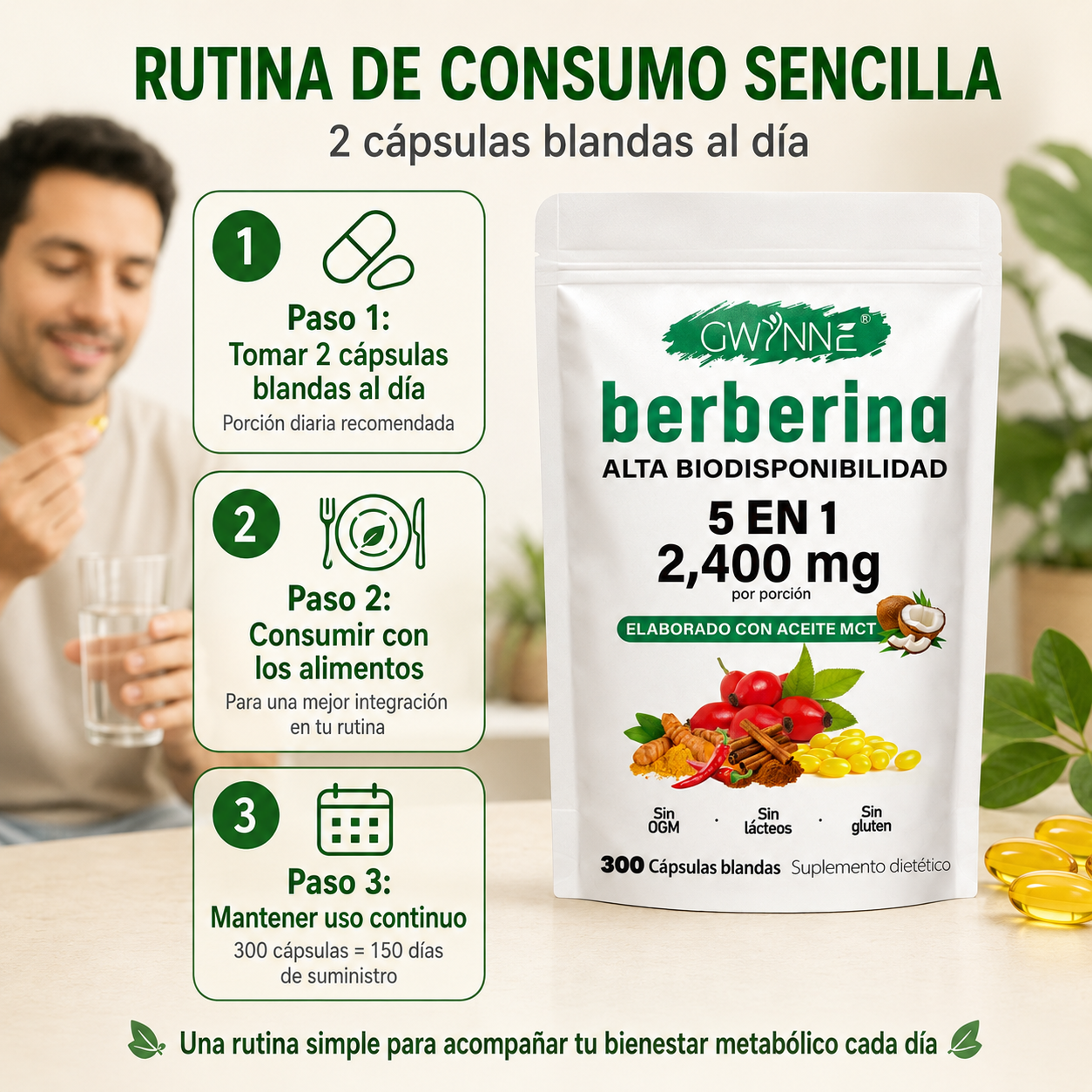 Berberina De 300 Cápsulas Blandas De 500mg *4 Pure Berberine GWYNNE