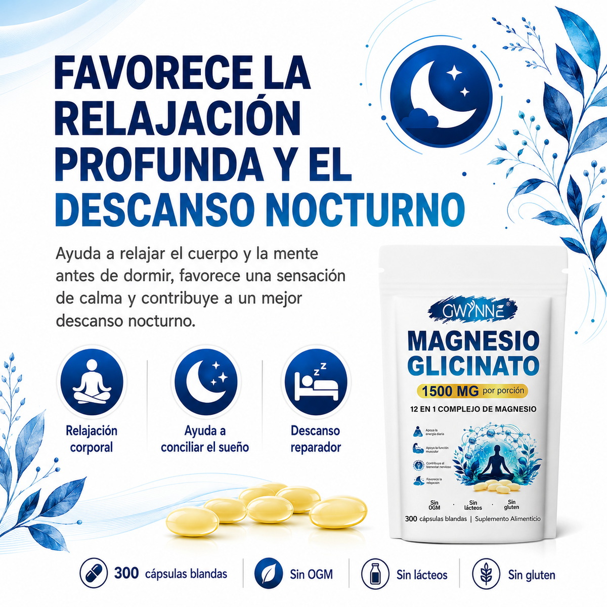 GWYNNE 12 en 1 Complejo de Magnesio 1500mg,con Glicinato De Magnesio,Citrato De Magnesio,Óxido De Magnesio,Musculo Relajación,300 bland Cápsulas