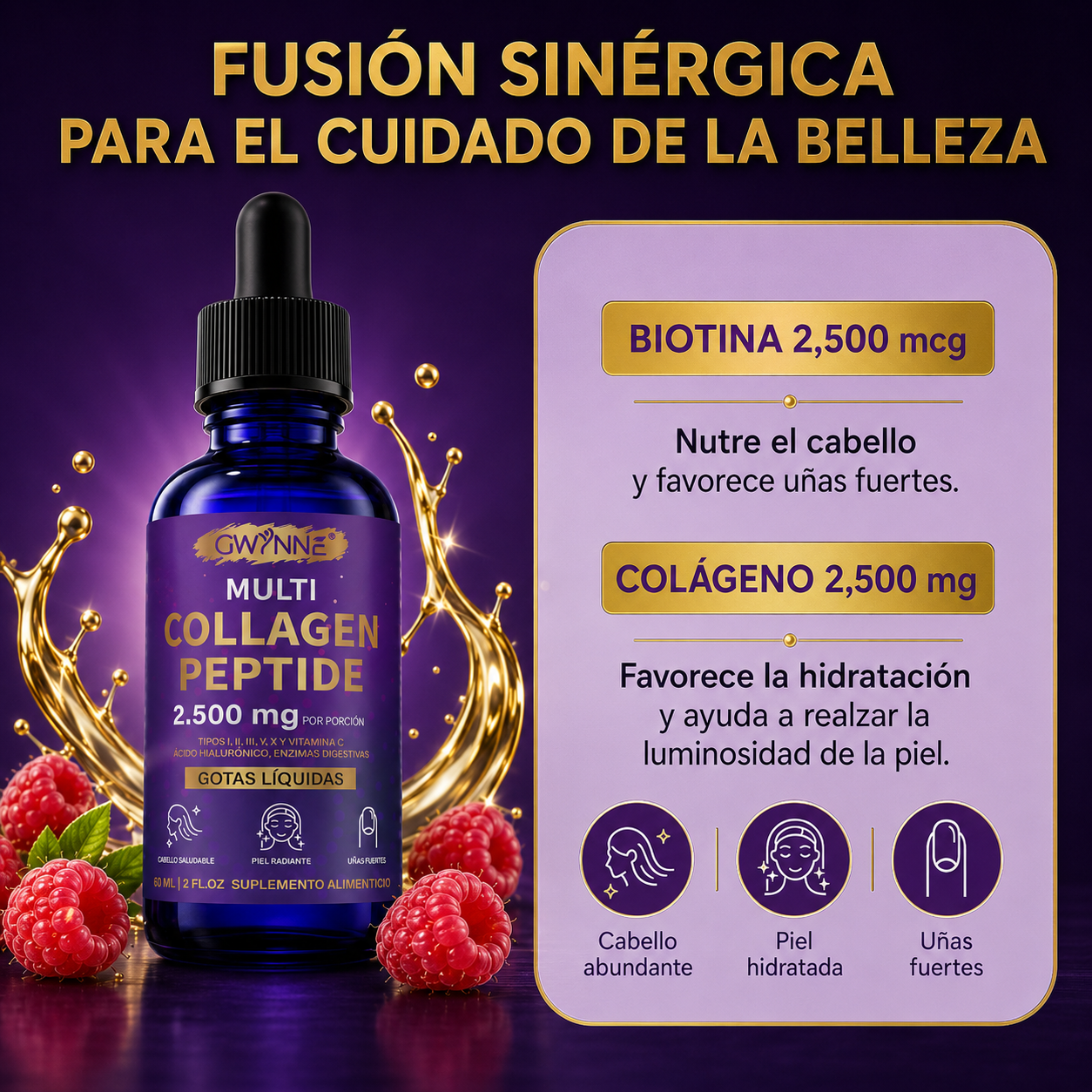 Gwynne Péptidos de Colágeno Múltiples Gotas 2500 mg,con Biotina y Ácido Hialurónico, complemento para el cuidado diario del cabello,la piel y las articulaciones,60ml