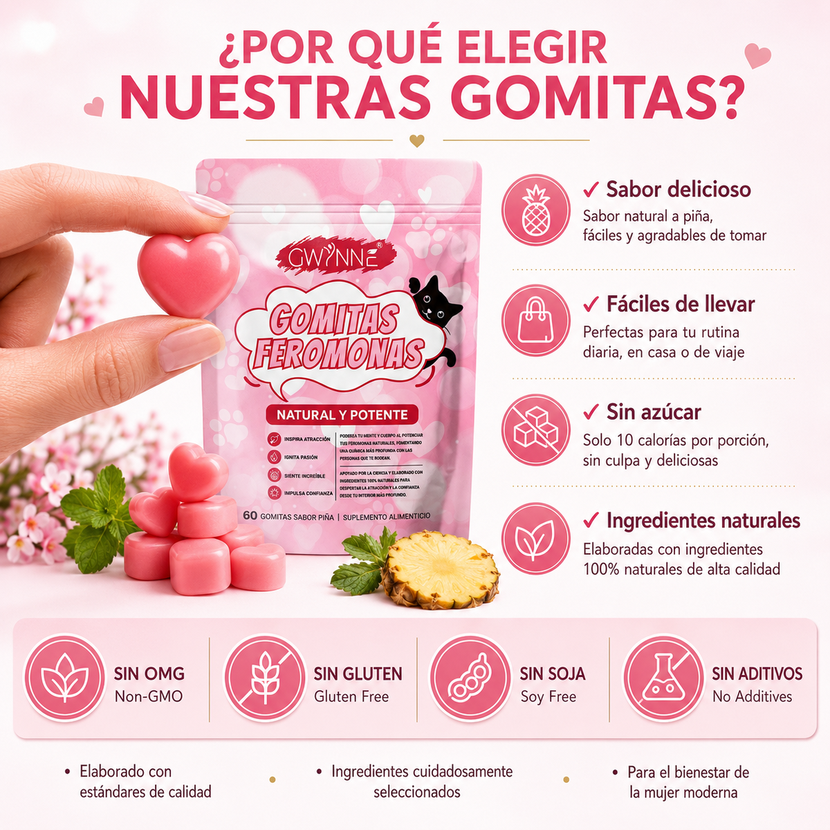 Gwynne Gummies Feromonas Con Corteza De Olmo Liso,l-arginina,maca Y Vitamina E Para Mujeres,mejorar Apoya El Encanto,apoya El Equilibrio,confianza Y Vibe Social,60 Gummies