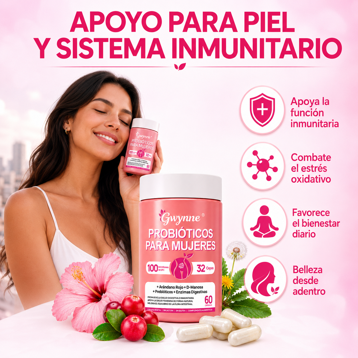 Gwynne Vaginal Probióticos Para Mujeres 100m Ufc + 32cepas,conprebioticos,enzimas Digestivas,arándano Rojo Y D-manosa, Apoyo Vaginal Y Digestivo,60 Cápsulas