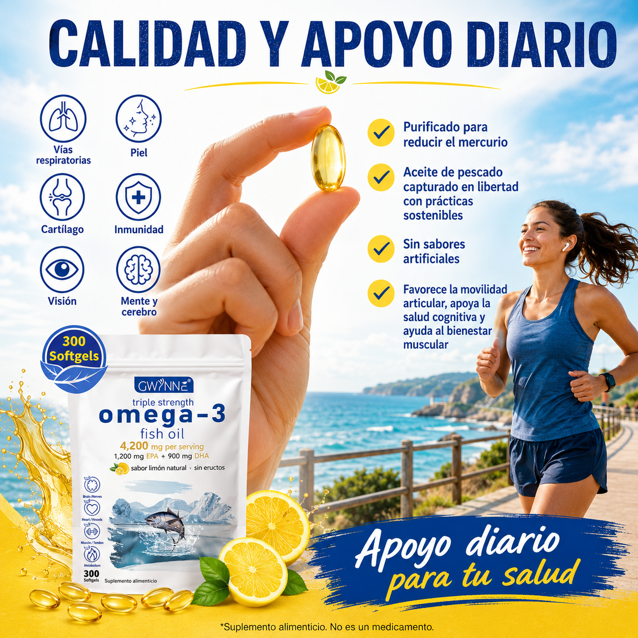 Gwynne Omega 3 Premium 4200mg 300 Cáps, Bacalao De Aguas Profundas Del Ártico Noruego, Que Contienen 1200mg Epa Y 900mg Dha Suplementos Alimentarios Para Apoyar La Salud Física De Mujere Y Hombre