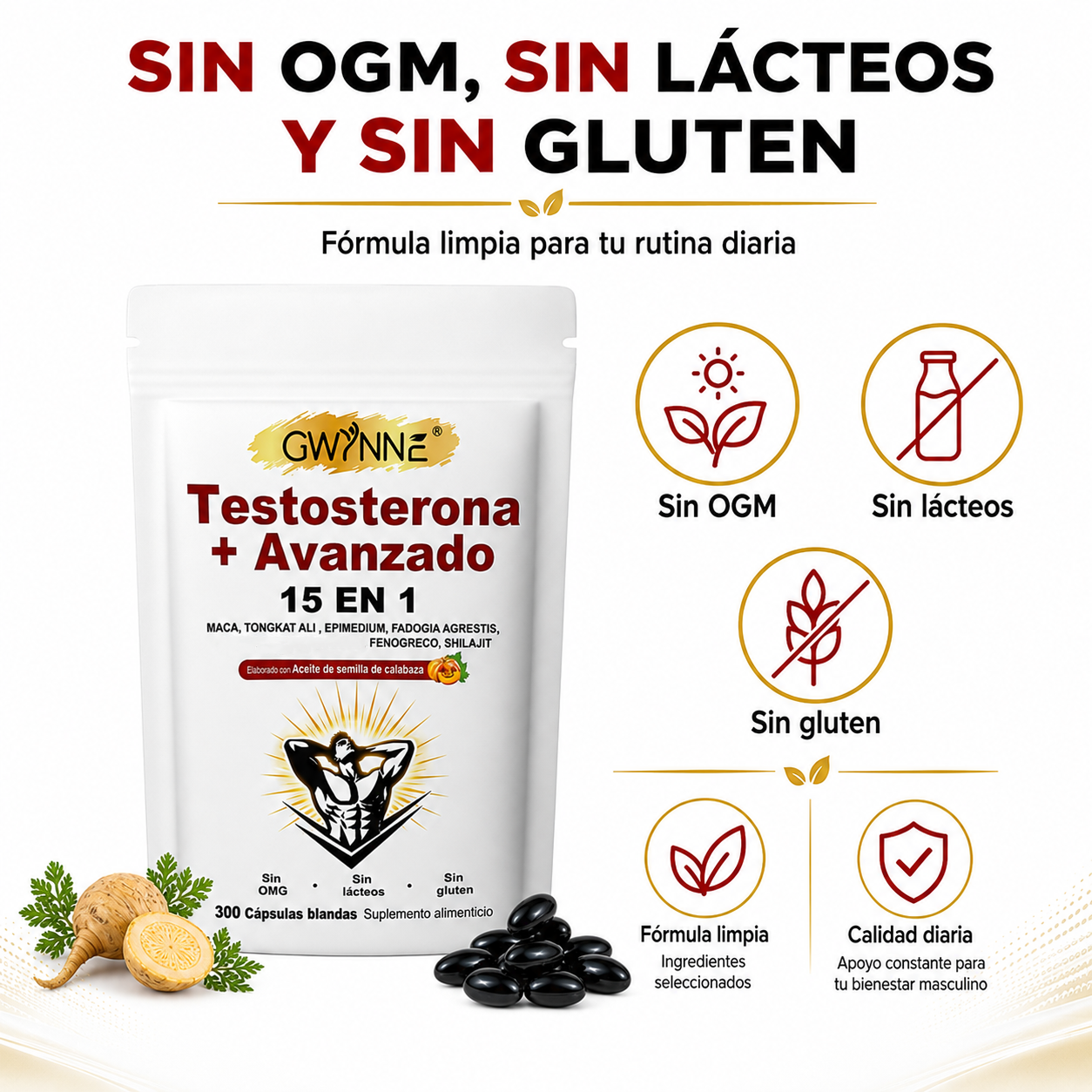 GWYNNE 15‑en‑1 Testosterona Avanzado Suplemento 300 Cápsulas con Maca,Tongkat Ali y Shilajit