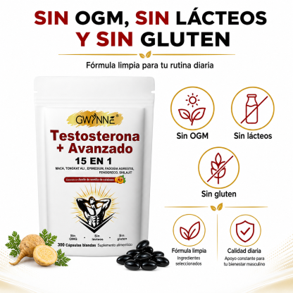 GWYNNE 15‑en‑1 Testosterona Avanzado Suplemento 300 Cápsulas con Maca,Tongkat Ali y Shilajit